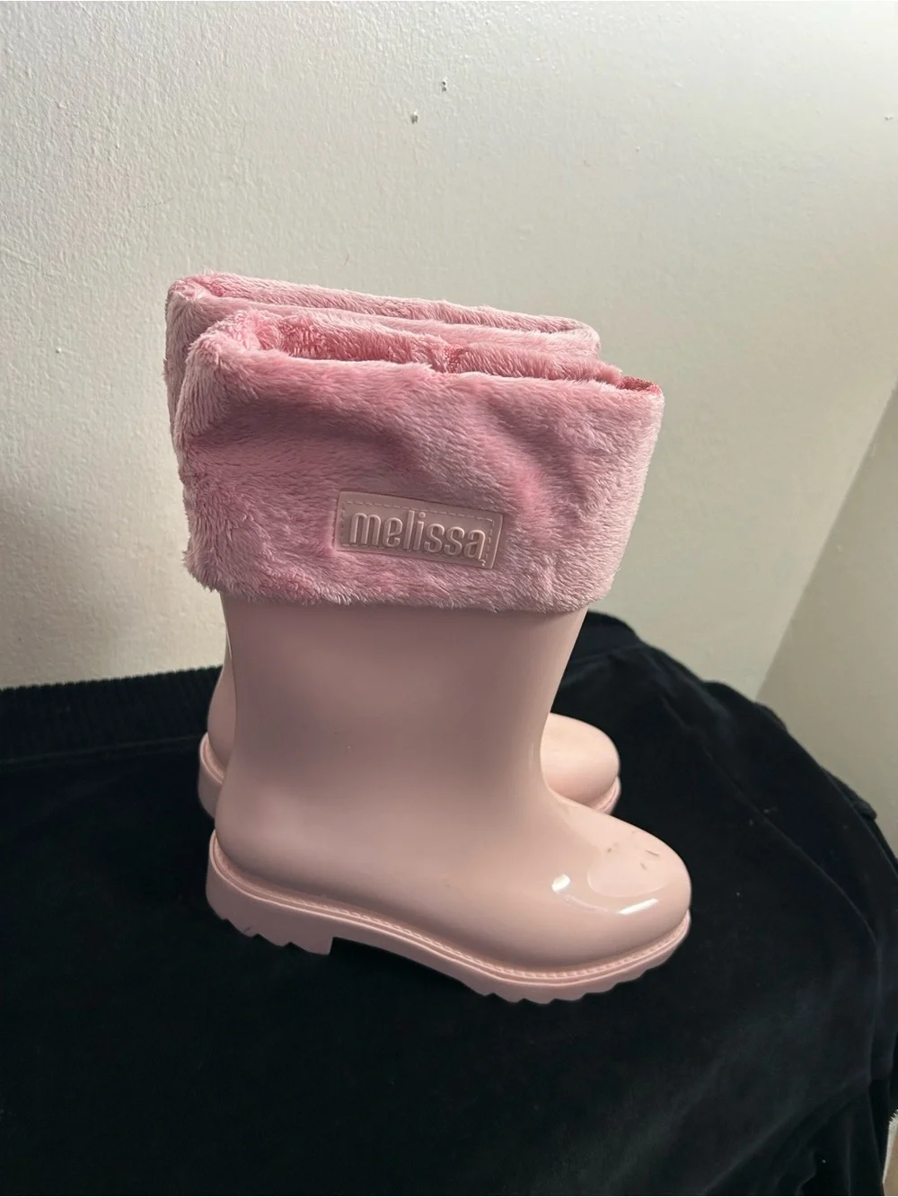 Melissa Pink Faux-Fur Cuff Waterproof Rain Boots Sz 1